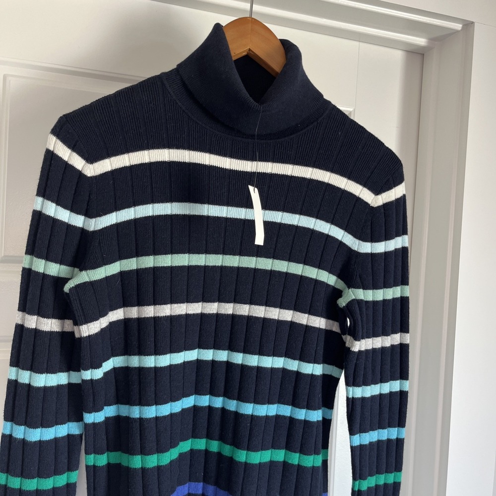 TALBOTS Blue Green Stripe Ribbed Turtleneck Sweater Button Cuff S New Nautical - Picture 5 of 12